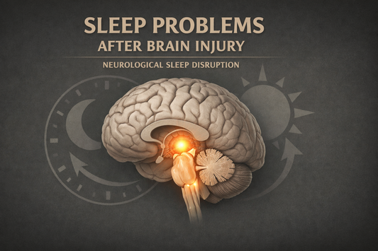 Medical educational illustration showing neurological regions involved in sleep regulation affected by traumatic brain injury or blast exposure, contributing to insomnia and non-restorative sleep in veterans.