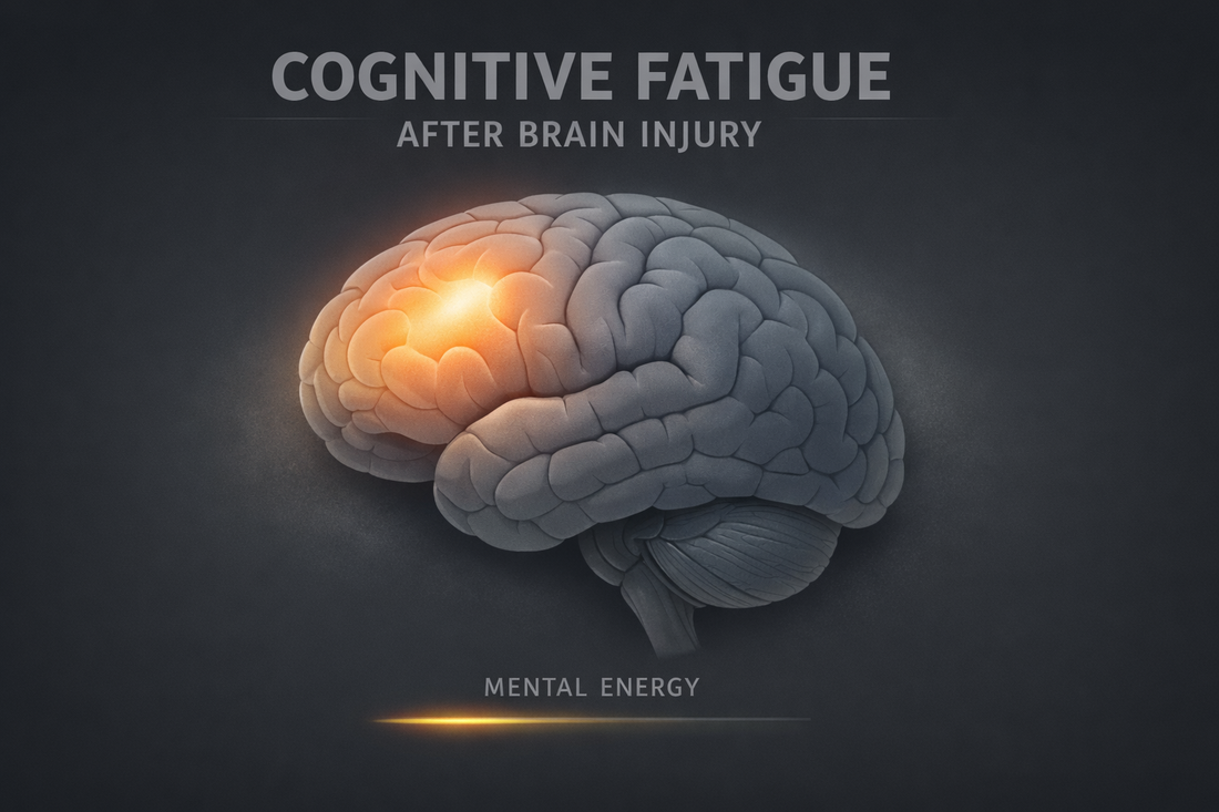 Medical educational illustration showing reduced cognitive energy and mental fatigue associated with traumatic brain injury or blast exposure affecting concentration and mental endurance in veterans.
