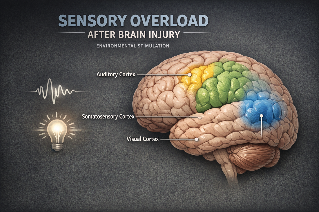Medical educational illustration highlighting brain regions involved in sensory processing that may contribute to noise sensitivity and overstimulation following traumatic brain injury or blast exposure.