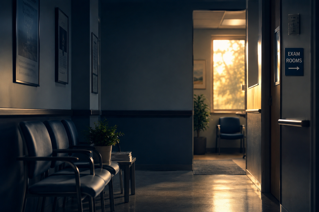 A quiet medical office hallway representing a family navigating a changed neurological diagnosis