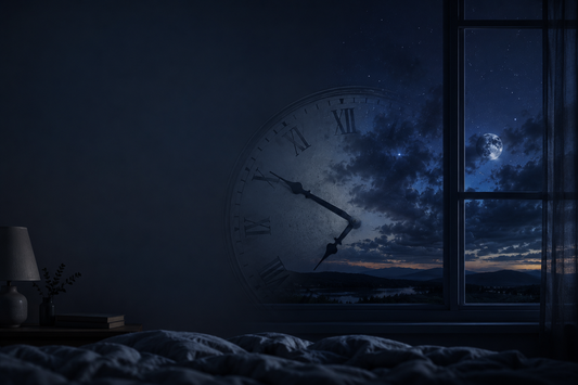 A clock blending into a night sky, representing circadian rhythm disruption and insomnia after brain injury.
