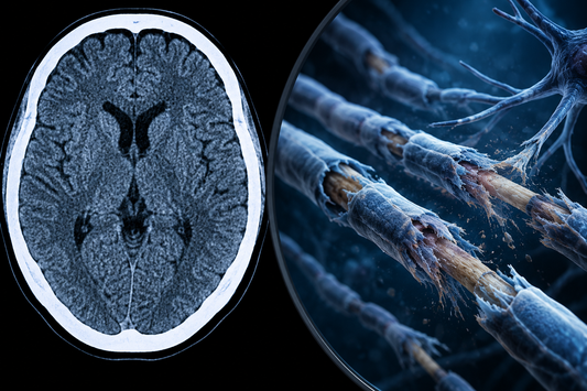 Split image contrasting a normal brain CT scan with an illustration of stretched and sheared axon fibers, representing how diffuse axonal injury often goes undetected on standard imaging