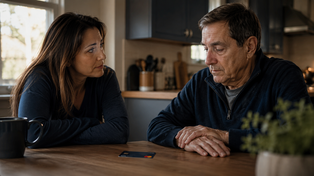 Caregiver sitting with an older loved one at a kitchen table, a debit card on the table between them