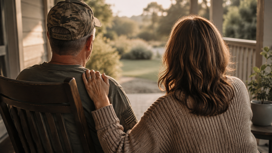 A veteran and his spouse sit together on a porch in late afternoon light, representing the layered, ongoing reality of caregiving through multiple overlapping neurological conditions.