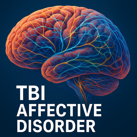 Illustration of brain networks with text about TBI affective disorder and mood and personality changes after traumatic brain injury.