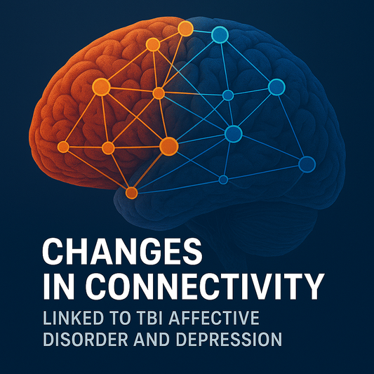 Brain network diagram illustrating changes in connectivity linked to TBI affective disorder and depression after traumatic brain injury.