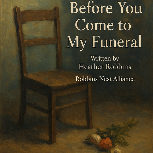 “Painting of an empty wooden chair beside a small bouquet on the floor, with the title ‘Before You Come to My Funeral.’”