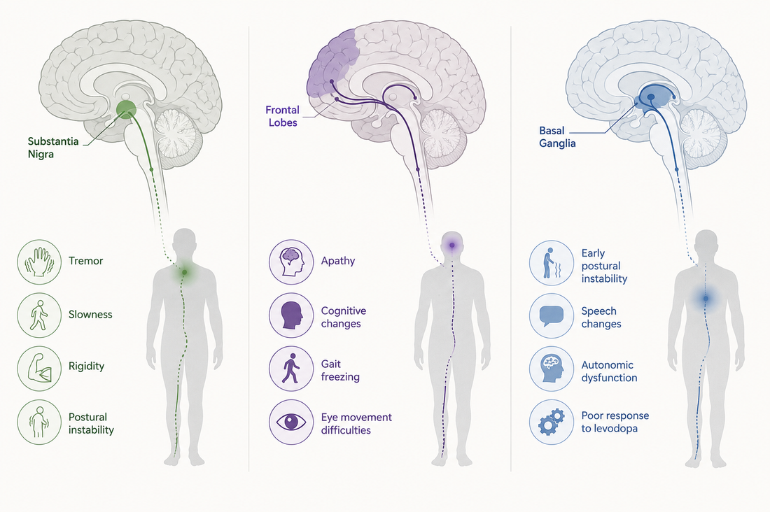 Medical illustration comparing the major types of parkinsonism with simplified brain pathways and symptom patterns, showing that not all parkinsonism is Parkinson's disease.