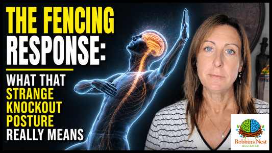 Split image showing an illustrated silhouette in the fencing response posture, one arm extended and one flexed, beside a photo of Heather Robbins discussing brain injury signs