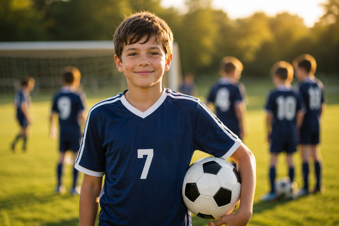 Young soccer player in uniform on a grass field, looking toward the camera, with teammates visible in the background