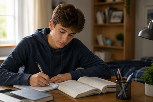 A teenager studying at a desk with books open, looking focused, in a warm home environment