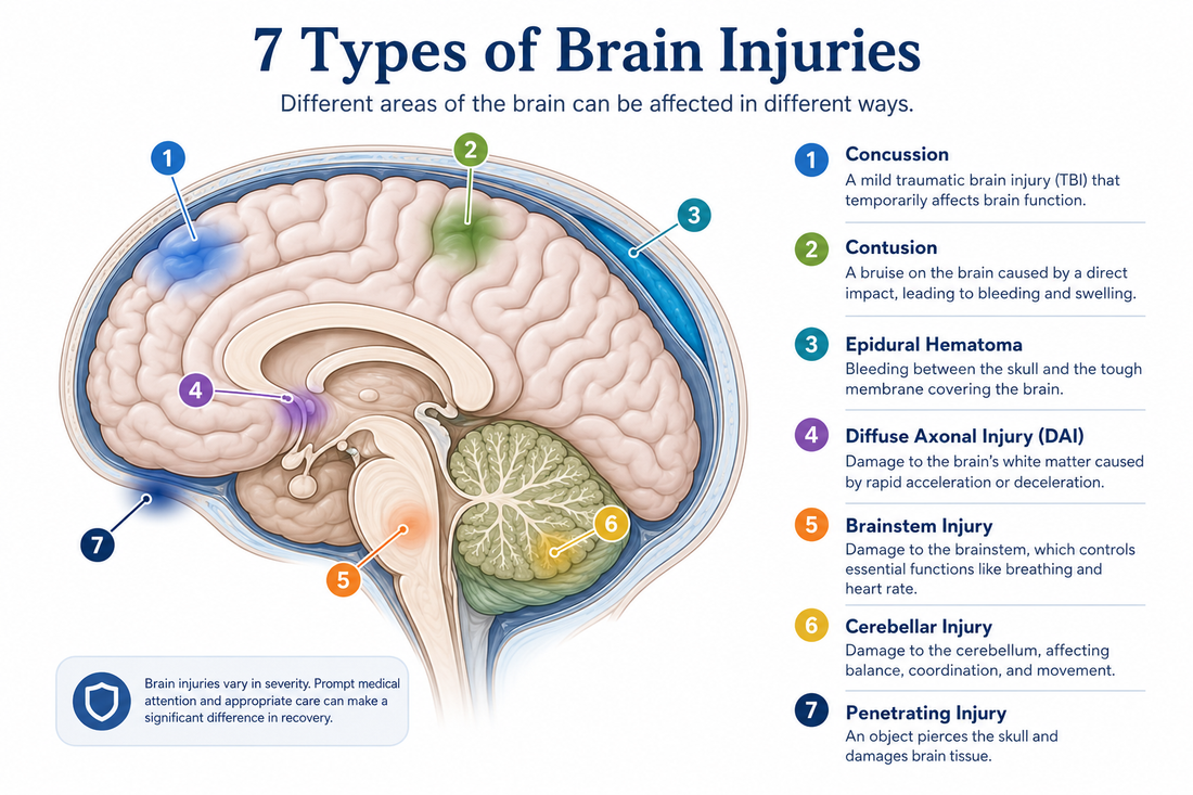 Diagram illustrating the seven types of traumatic brain injury including concussion, contusion, coup-contrecoup, diffuse axonal injury, penetrating injury, hypoxic injury, and second impact syndrome