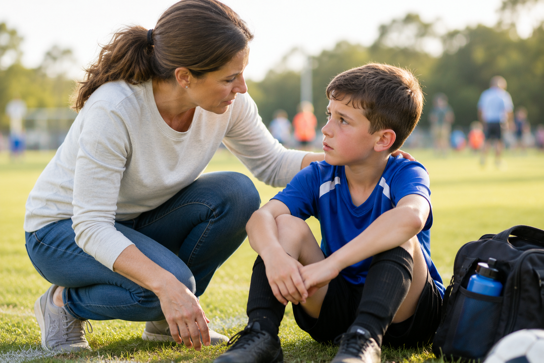 Parent checking on a child sitting on a sports field sideline after a head injury, with a concerned expression