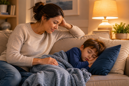 An adult watching over a sleeping child in a quiet living room. Soft lamp light, cozy home environment. 