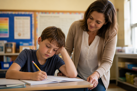 A child sitting at a school desk looking tired, with a supportive teacher nearby in a quiet classroom  