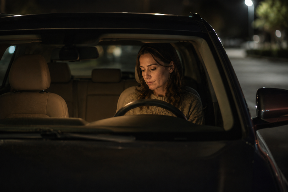 A woman sitting quietly alone in a parked car at night, reflecting — illustrating the private grief of caregiving.