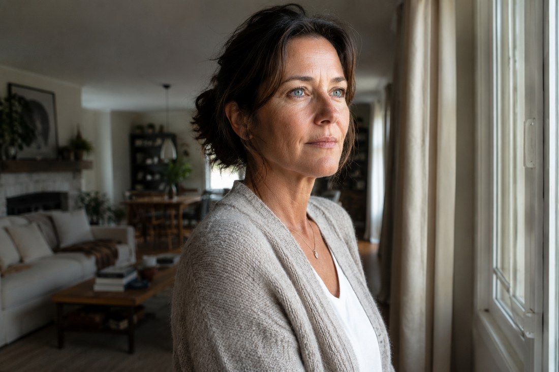 A caregiver standing at a window in morning light, reflecting on post-traumatic growth after years of caregiving through neurological disease.
