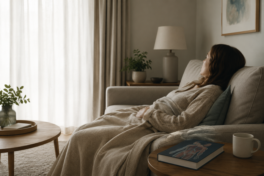 Person resting in a dimly lit room managing post-concussion syndrome symptoms