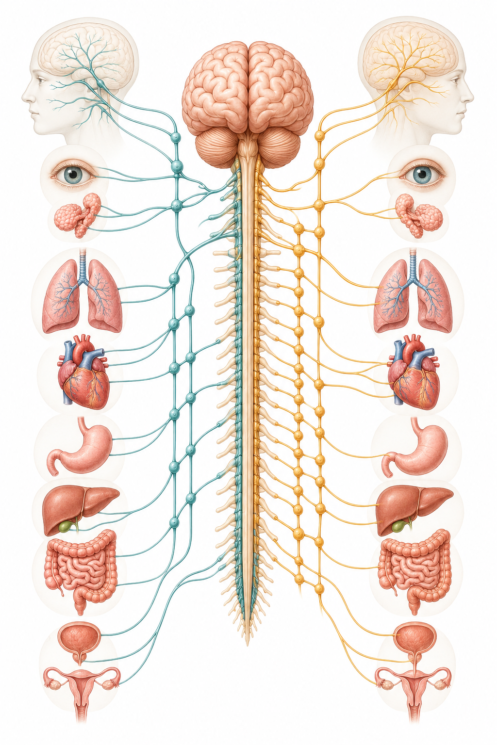 Illustration of the autonomic nervous system pathways in a calm medical education style