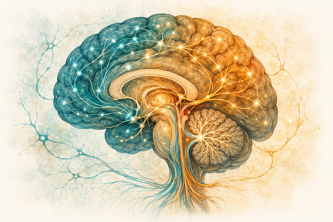 Calm clinical illustration of neural pathways with warm ambient lighting, educational and grounded in tone