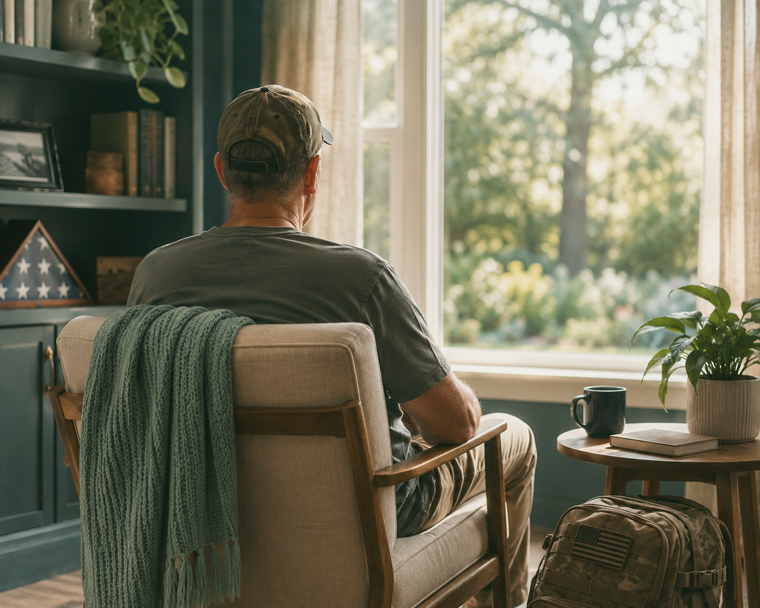 Military veteran sitting at a table reviewing paperwork in a calm home setting