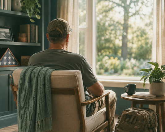Military veteran sitting at a table reviewing paperwork in a calm home setting