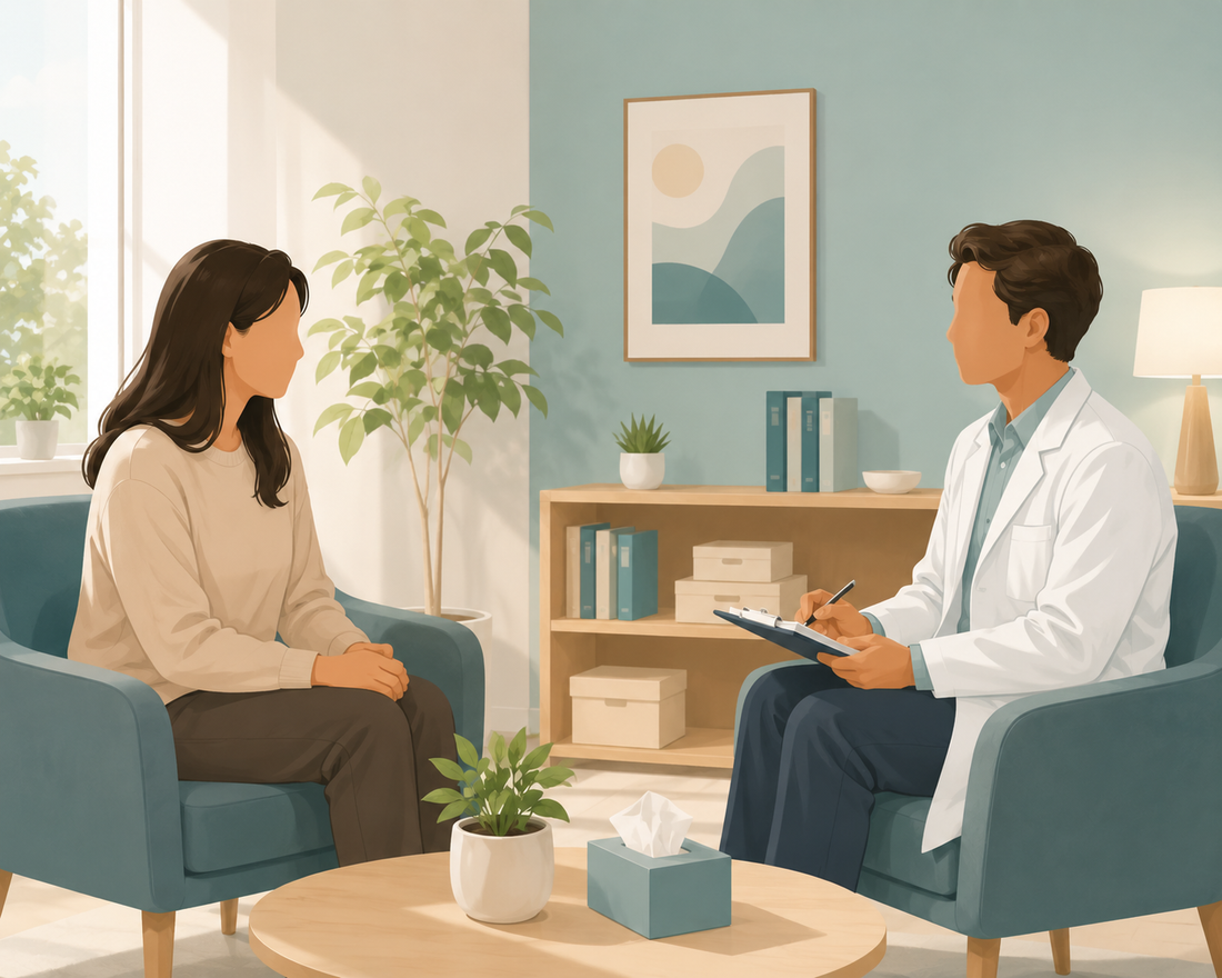Neurologist reviewing a patient evaluation form during a functional neurological disorder assessment