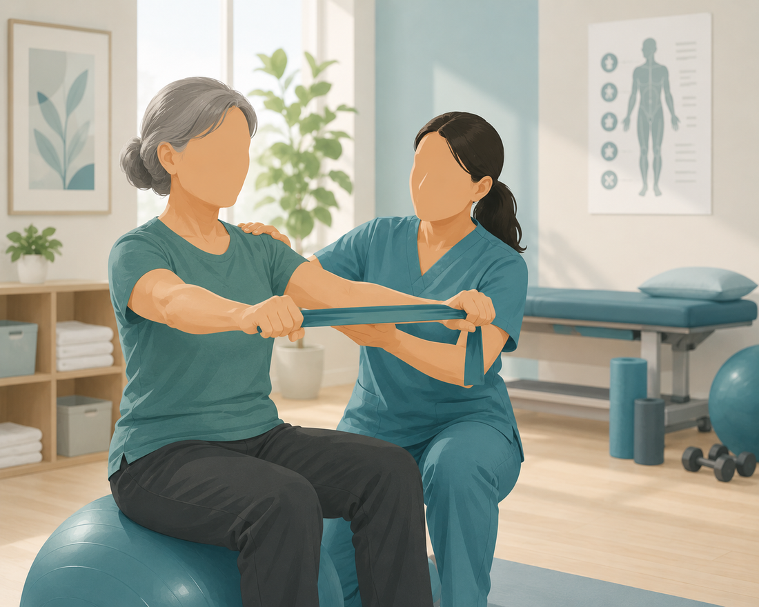 Physical therapist working with a patient on movement retraining in a calm clinical setting