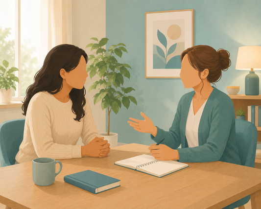 Two people having a calm conversation at a table, one explaining information to the other in a supportive setting