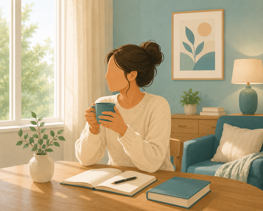 Person sitting at a kitchen table with coffee, looking out a window in the morning, calm and thoughtful