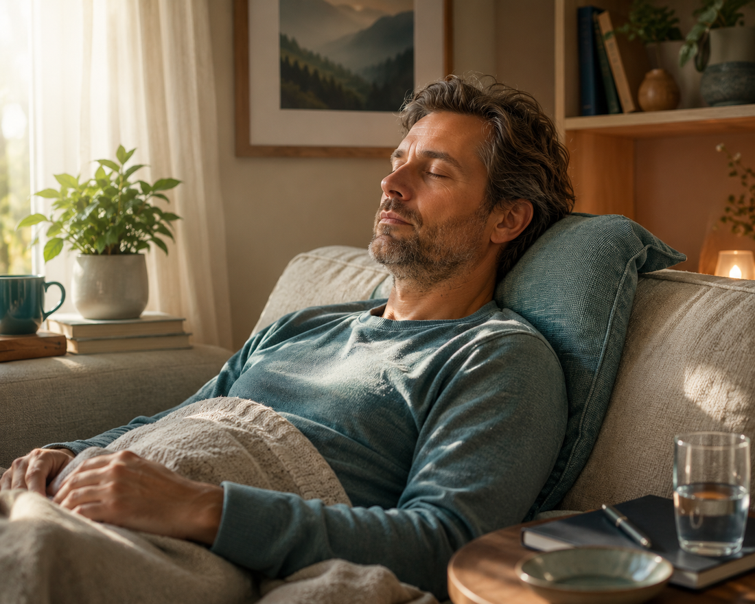 Person resting on couch with eyes closed, representing concussion recovery at home