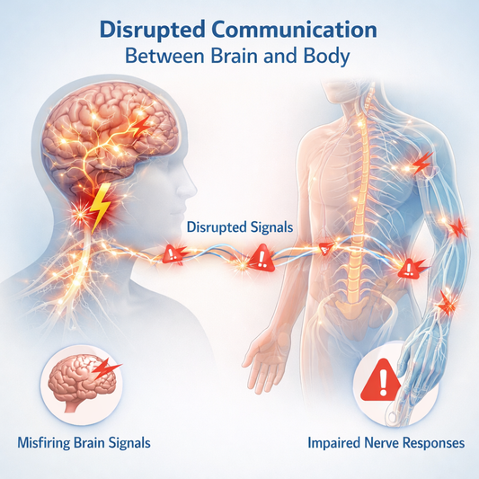medical educational illustration showing brain signals misfiring between brain and body, glowing neural pathways with disrupted communication, neurological concept art, clean medical infographic style, soft medical colors, high resolution
