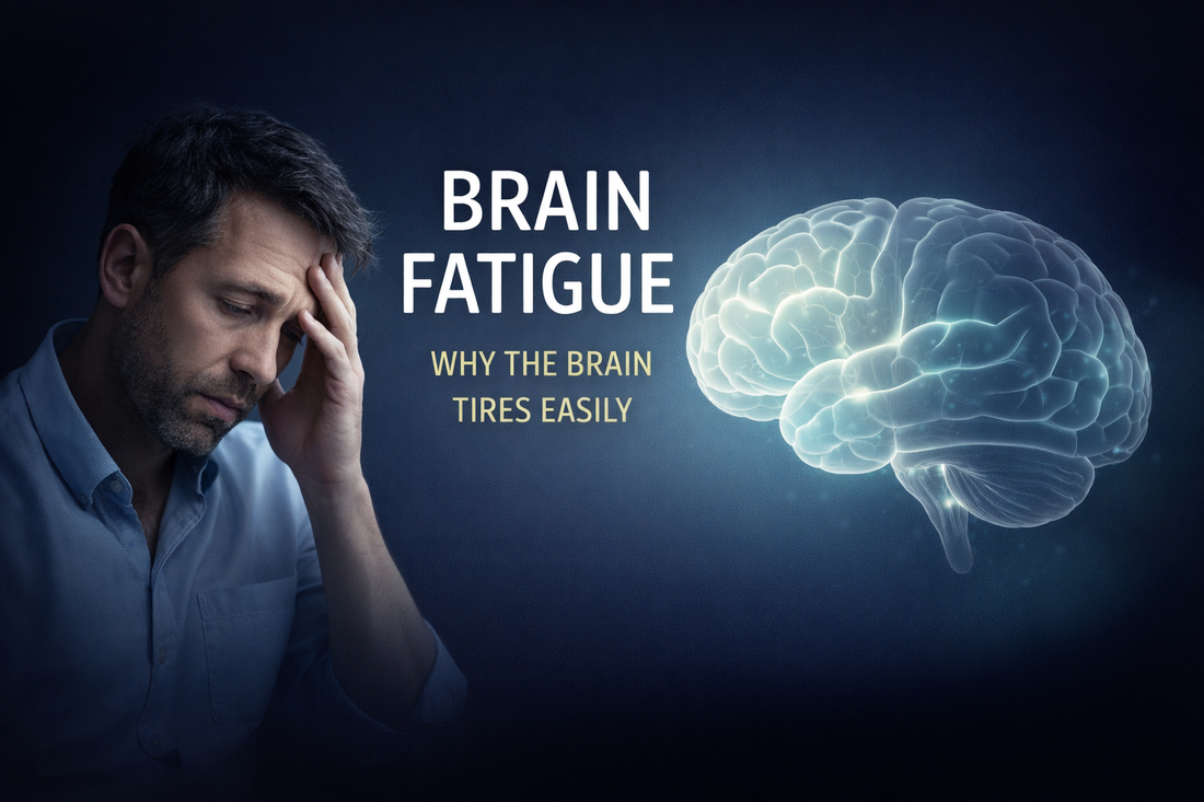 Medical-style illustration showing a fatigued adult touching their temple beside a softly glowing brain with dimmed neural pathways, titled “Brain Fatigue: Why the Brain Tires Easily.”