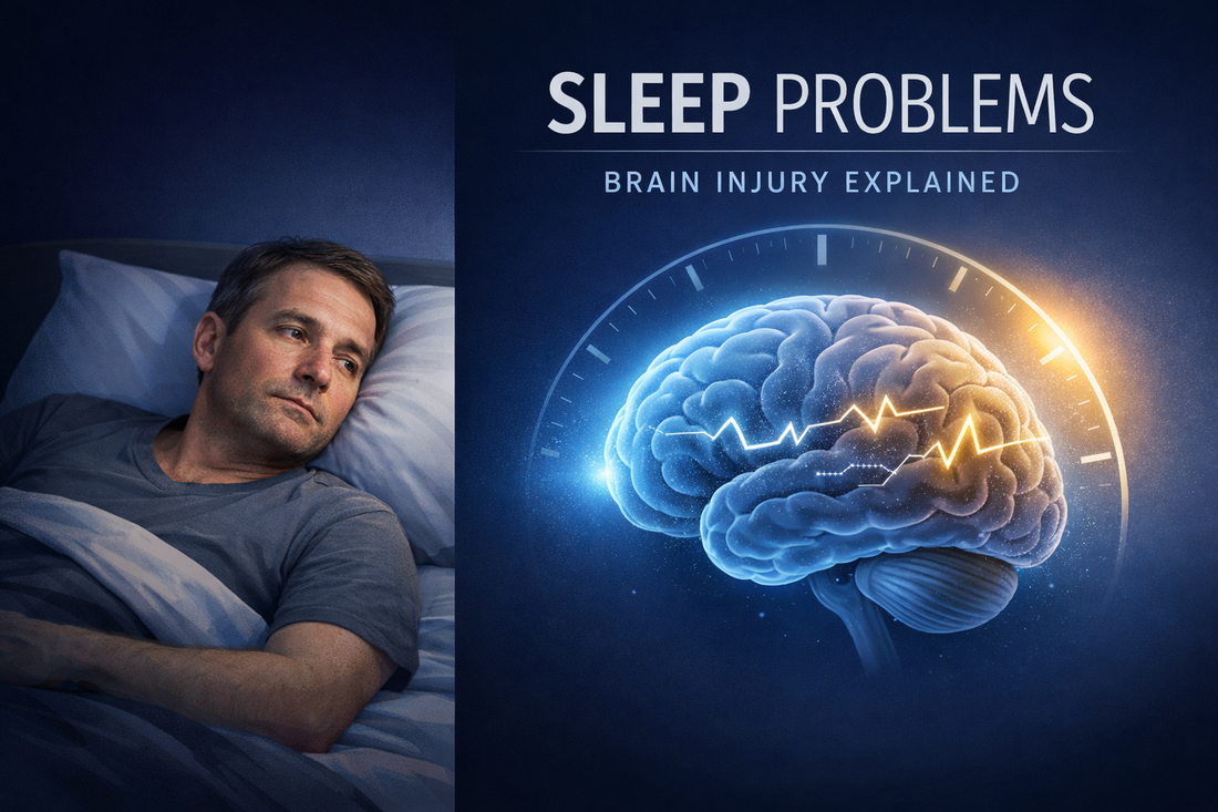 Sleep problems after brain injury medical illustration showing calm adult awake at night with glowing brain circadian rhythm graphic on dark blue background.