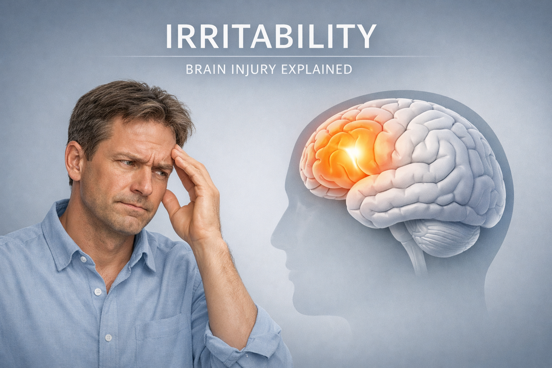 Irritability brain injury symptom illustration showing frontal lobe function and emotional regulation, medical educational graphic with realistic adult experiencing mild frustration, neuroscience mental health concept.