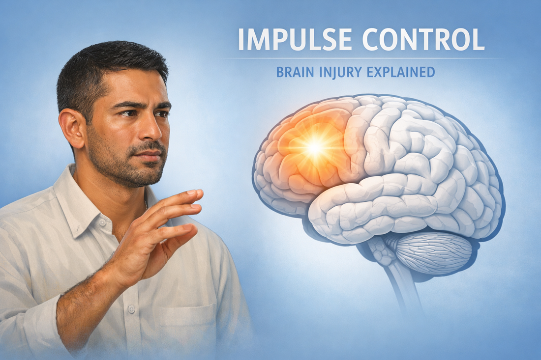 Medical illustration showing diverse adult person demonstrating impulse control alongside brain graphic highlighting frontal lobe, explaining brain injury and decision regulation on soft blue background.