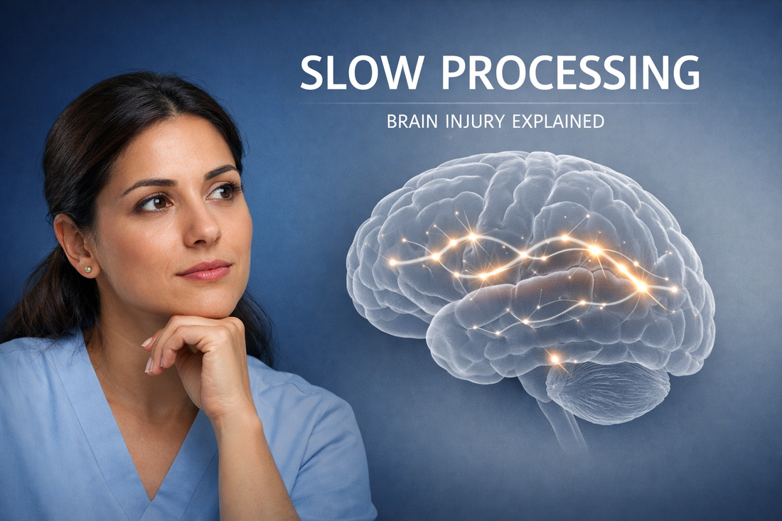 Slow processing brain injury medical illustration with Greek woman listening attentively and brain diagram showing delayed neural signals, professional blue healthcare background.