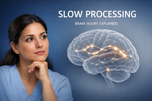 Slow processing brain injury medical illustration with Greek woman listening attentively and brain diagram showing delayed neural signals, professional blue healthcare background.