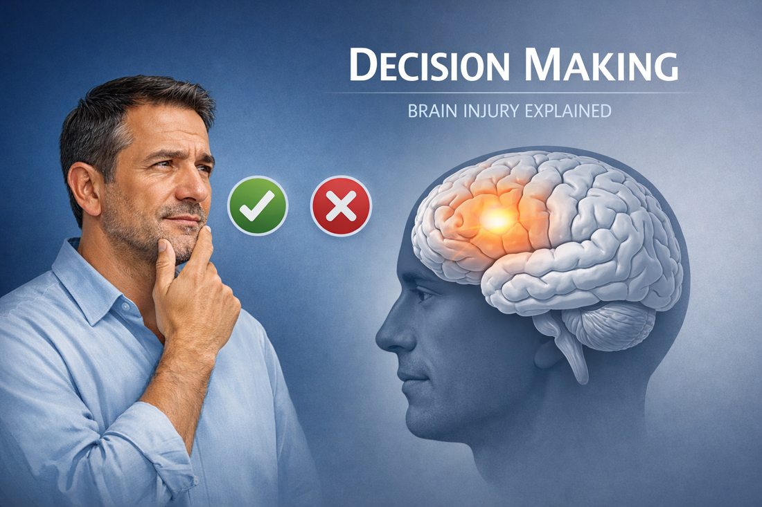 Illustration of man deciding between options with highlighted frontal lobe brain showing decision-making function.
