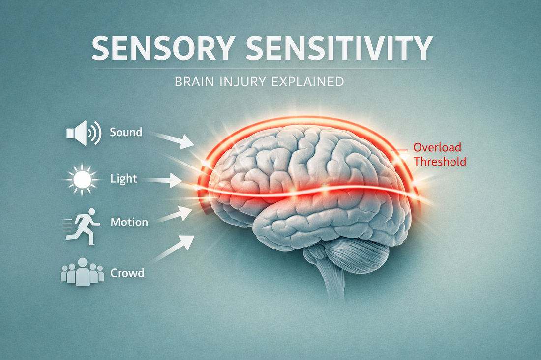 Sensory sensitivity medical illustration showing sound, light, motion, and crowd signals overwhelming the brain, indicating sensory overload threshold related to brain injury.
