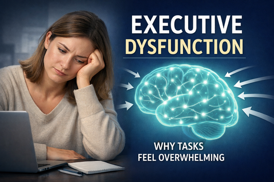 Executive dysfunction after brain injury illustration showing overwhelmed person and brain with multiple inputs representing difficulty planning and decision making