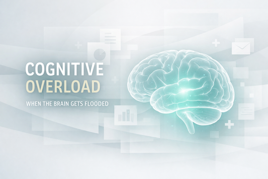 Minimalist medical-style illustration of a softly glowing transparent brain with layered abstract panels symbolizing excess information input, titled “Cognitive Overload: When the Brain Gets Flooded.”