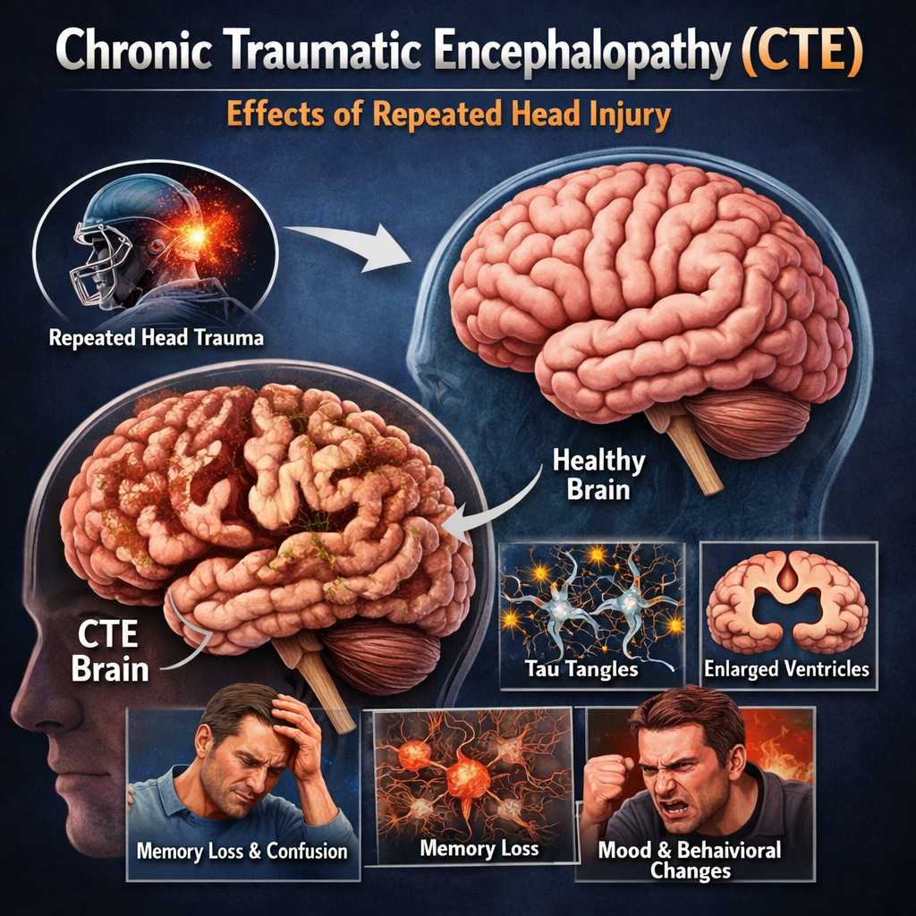 Medical illustration showing how repeated head trauma can lead to chronic traumatic encephalopathy (CTE) including tau protein buildup, brain degeneration, memory loss, and behavioral changes