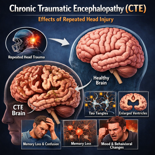 Medical illustration showing how repeated head trauma can lead to chronic traumatic encephalopathy (CTE) including tau protein buildup, brain degeneration, memory loss, and behavioral changes