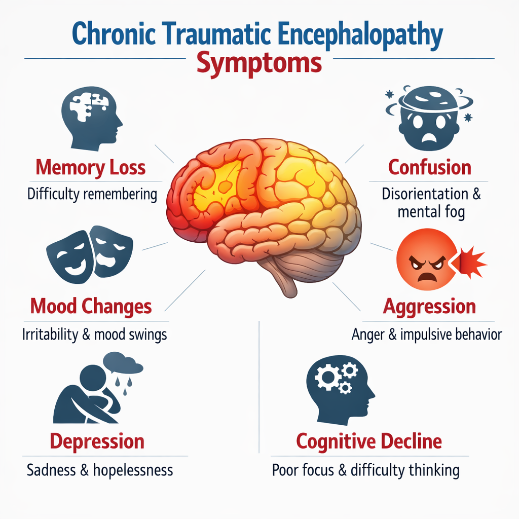 Infographic showing symptoms of chronic traumatic encephalopathy (CTE) including memory loss, confusion, mood changes, aggression, depression, and cognitive decline. 