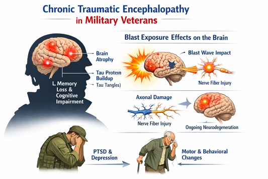 Medical Infographic showing chronic traumatic encephalopathy  (CTE) in military veterans, including brain atrophy, tau protein buildup , blast injury effects, axonal damage, and symptoms such as memory loss, PTSD, depression, and motor changes