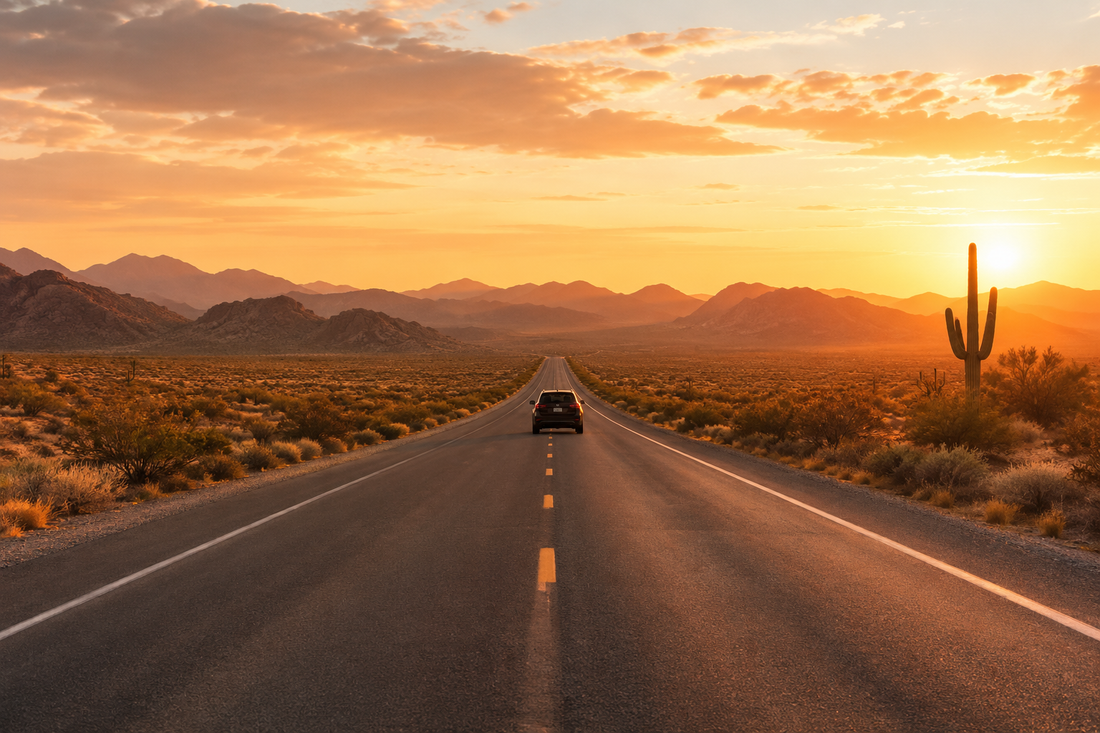 "A long desert highway at golden hour, representing the deliberate choice to drive rather than fly when traveling with a brain injury survivor.