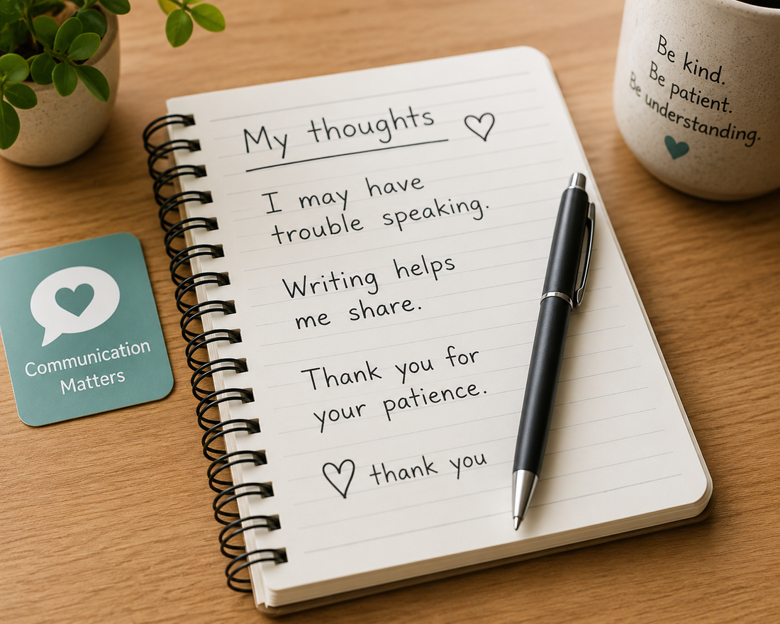 A handwritten notebook with a pen resting on it, representing communication through writing for someone with aphasia.