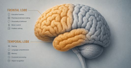 Illustration of the human brain highlighting the frontal and temporal lobes affected by frontotemporal dementia.