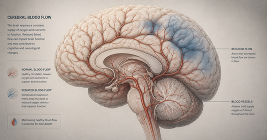 Illustration of cerebral blood vessels showing reduced blood flow associated with vascular dementia.